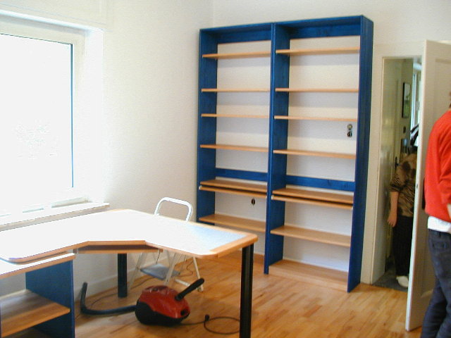 Ordnerregal in Fichte blau und Buche